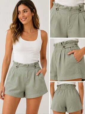 Rewash Womens Olive Green Linen Blend Paperbag Waist Shorts Size XL High Rise